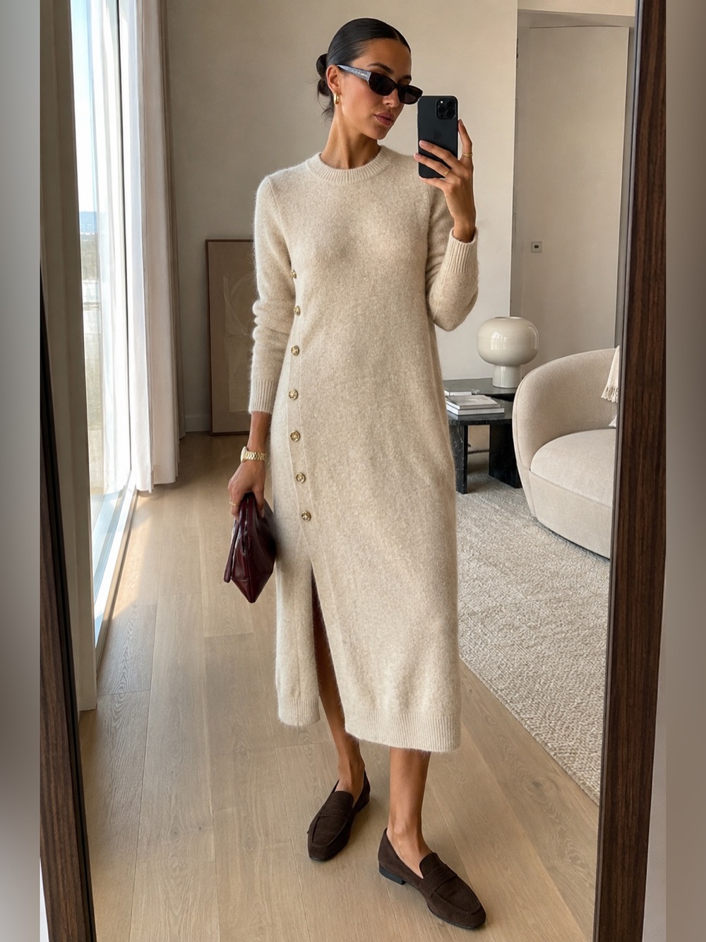 ba&sh Doree Alpaca Wool Sweater Dress Heather Beige Gold Buttons Size S